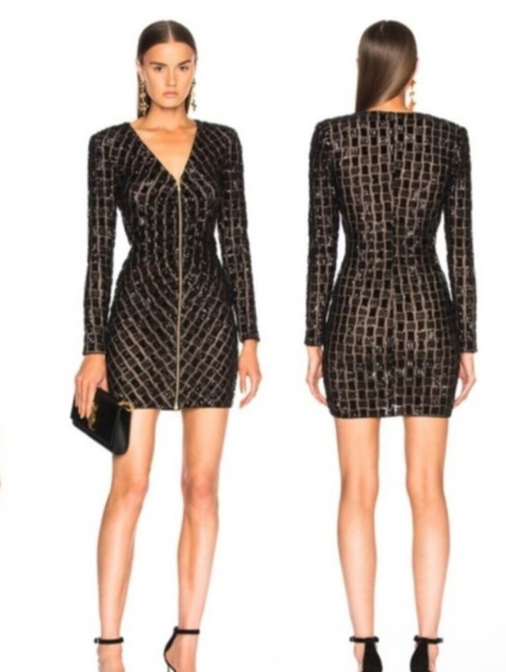 NWT Self Portrait Zip Front Sequin Mini Dress Black V Neck Mesh US 6 UK 10